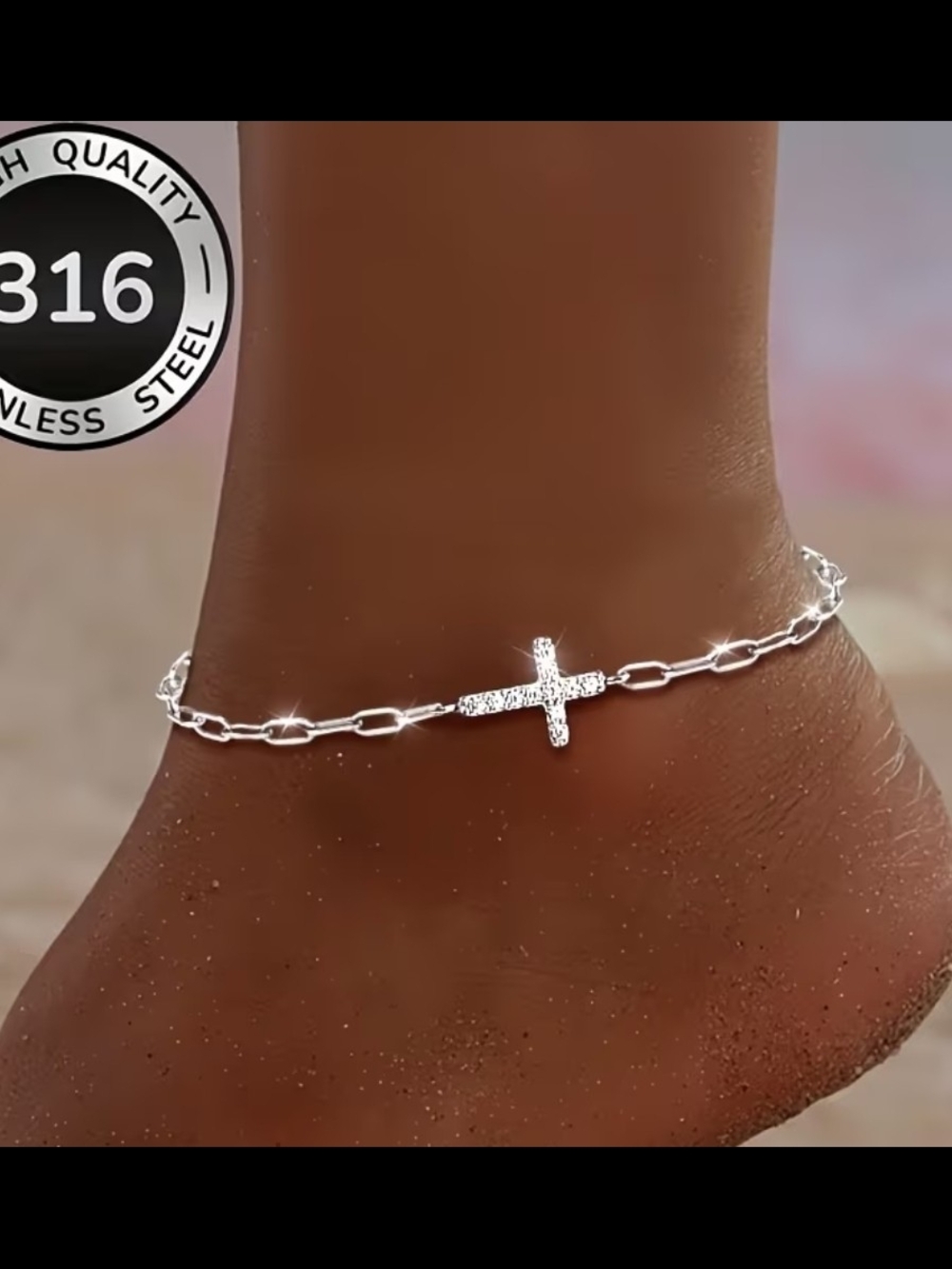 Dainty Cross Link Anklet in Shiny Silver